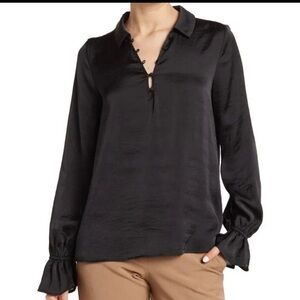 Paige Resa Satin Black Lightweight V-Neck Blouse Size L NWT